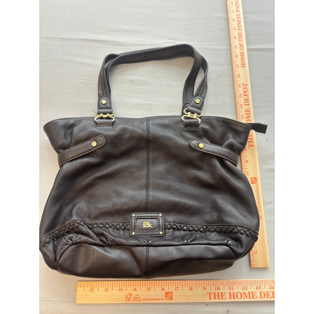 The Sak Brown Pebbled Leather Hobo Shoulder Bag Braided Trim Gold Hardware